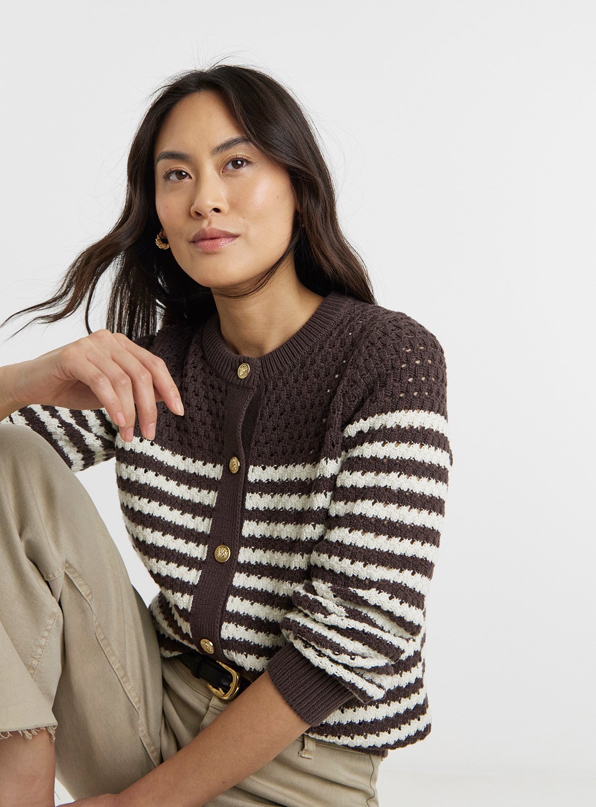 JD WILLIAMS Pure Cotton Striped Open Stitch Cardigan 