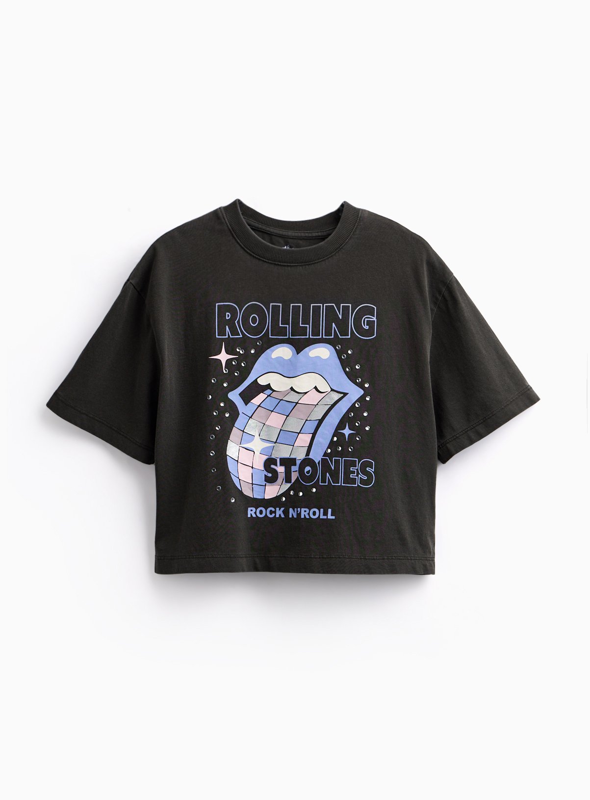 Charcoal Rolling Stones Jewelled Logo Cropped T-Shirt 
