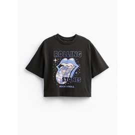Charcoal Rolling Stones Jewelled Logo Cropped T-Shirt