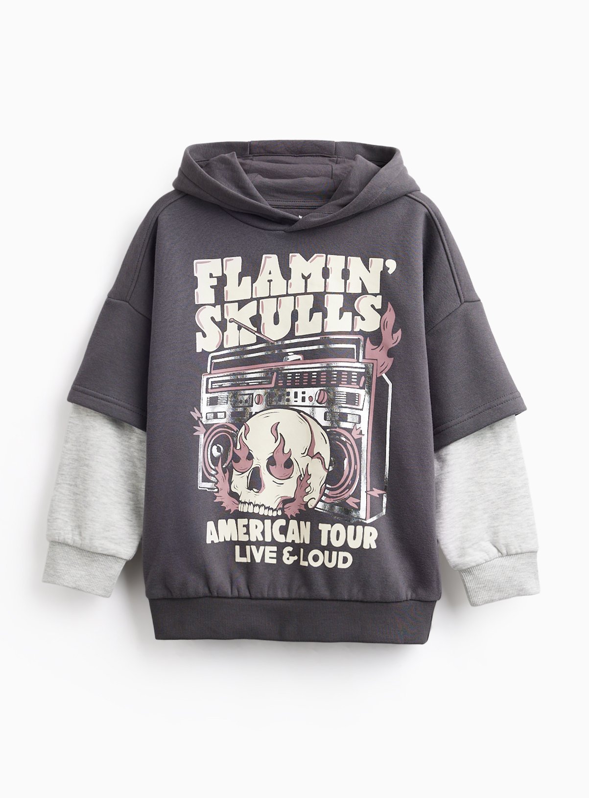 Flamin Skulls Graphic Print Mock Sleeve Hoodie 