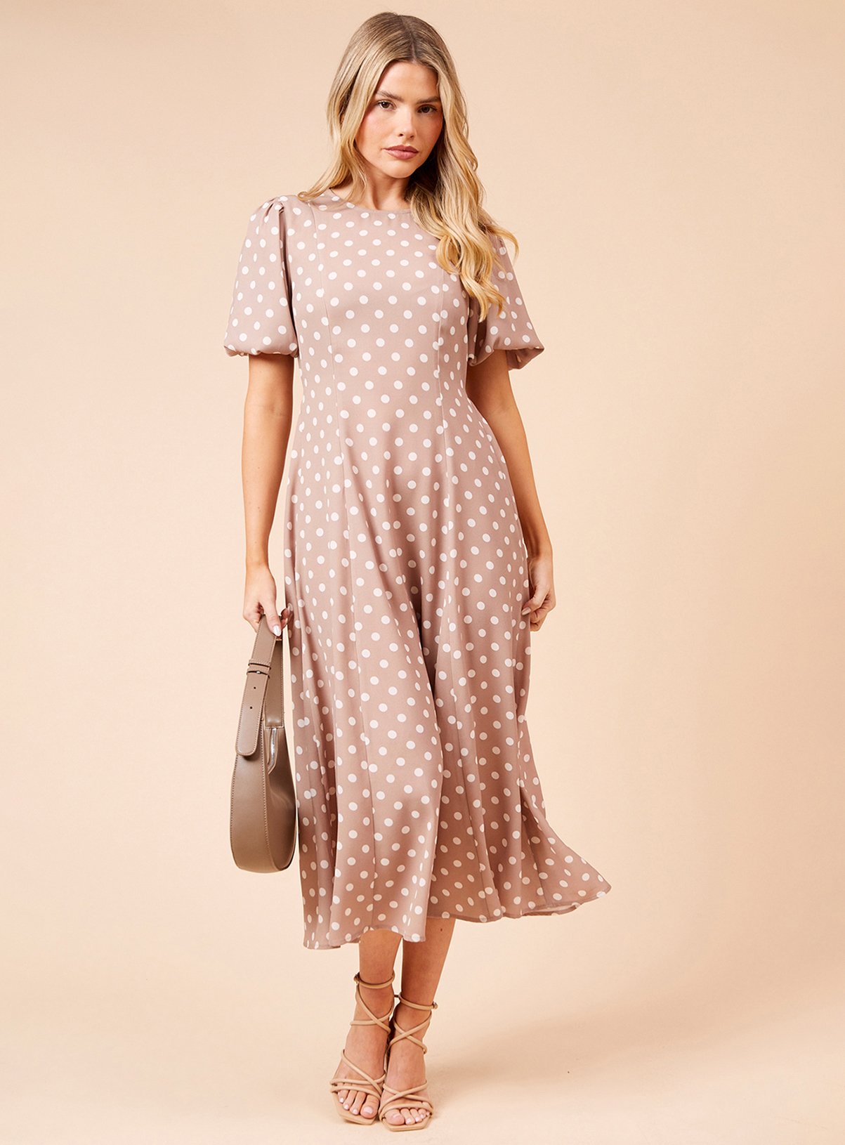 DOROTHY PERKINS Seamed Body Puff Sleeve Polka Dot Midi Dress 