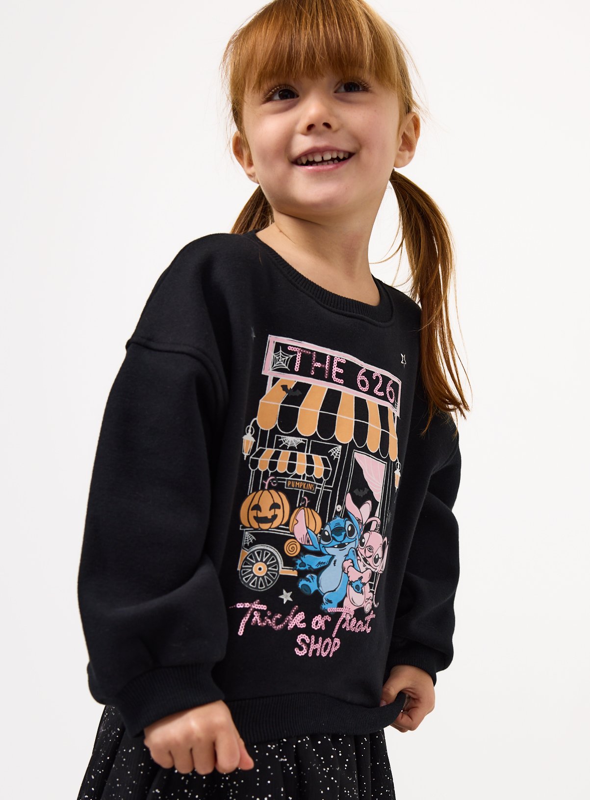 Black Halloween Lilo & Stitch Print Sweatshirt & Skirt Set 