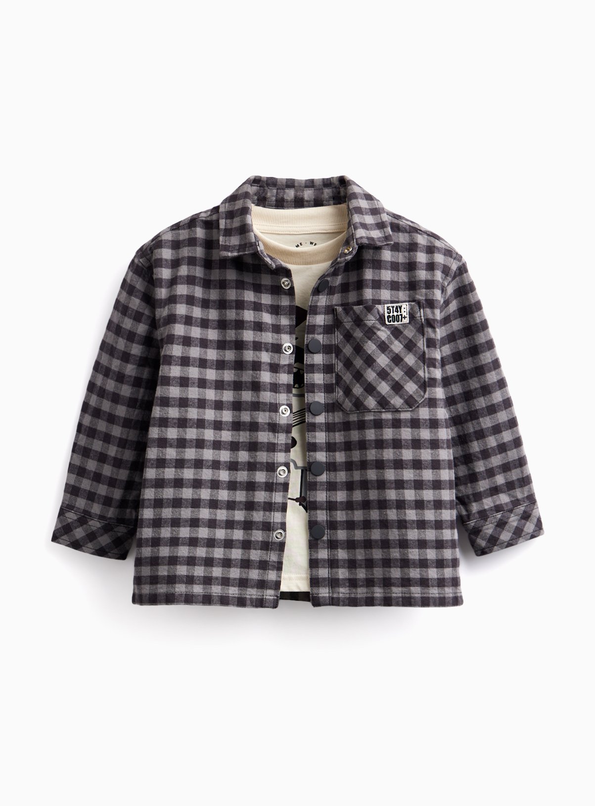 Grey Gingham Overshirt & Bear T-Shirt Set 