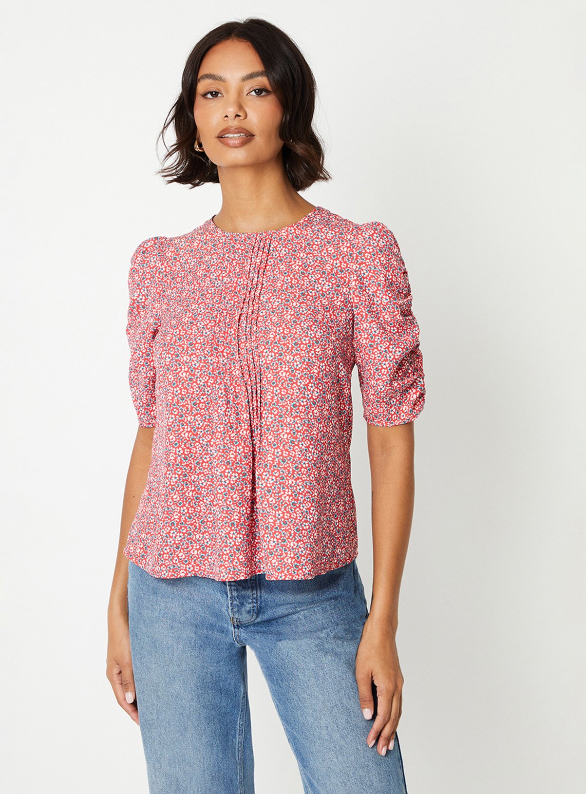 DOROTHY PERKINS Red Ditsy Ruched Puff Sleeve Blouse 
