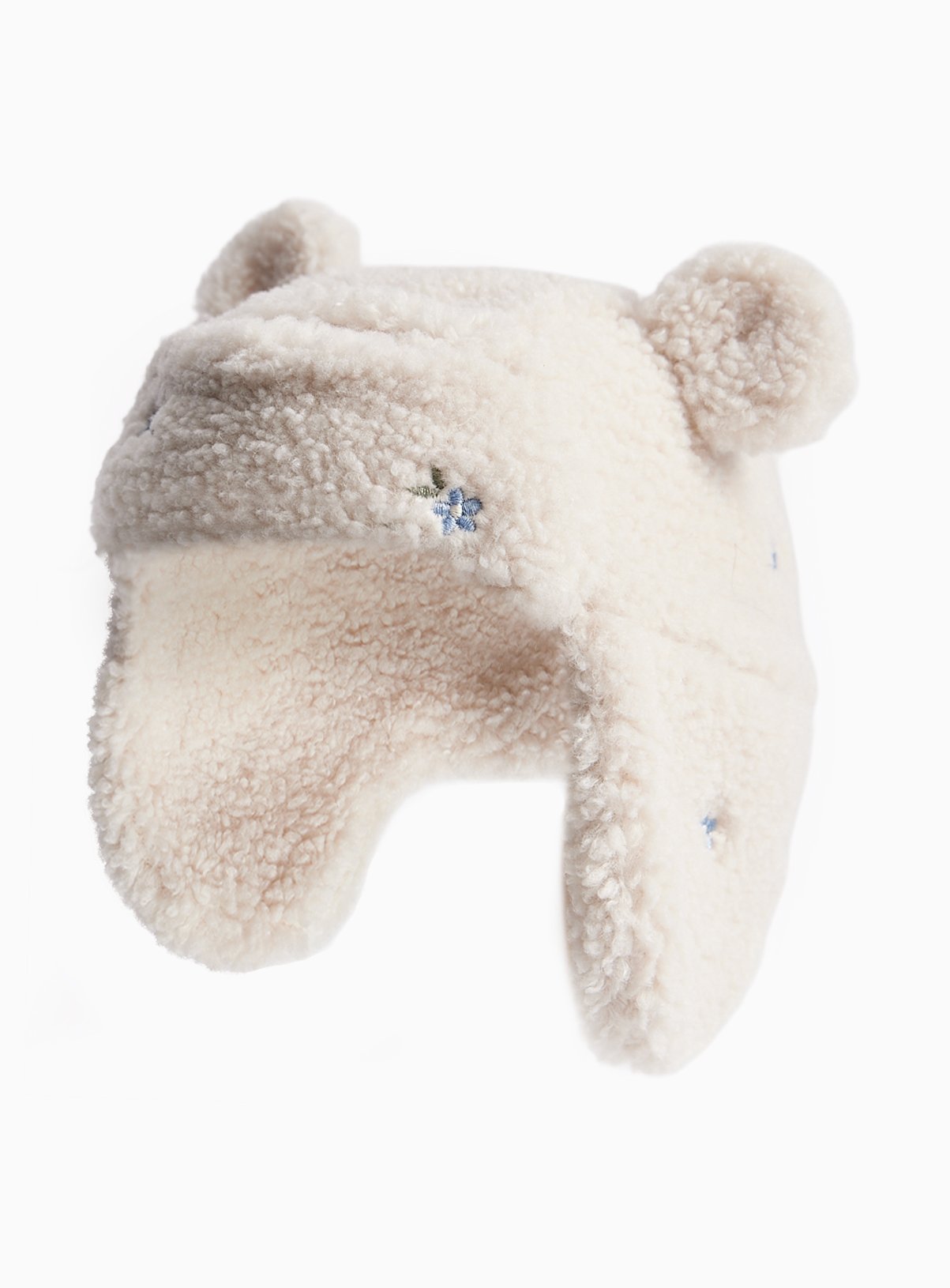 Cream Floral Embroidered Bear Ear Trapper Hat Up to 3 mths