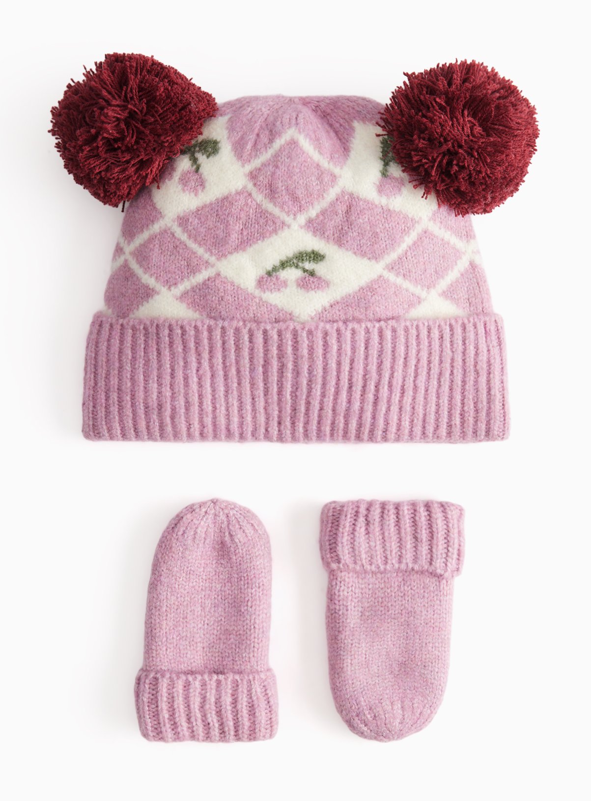Cherry Double Pom Beanie & Mittens Set 