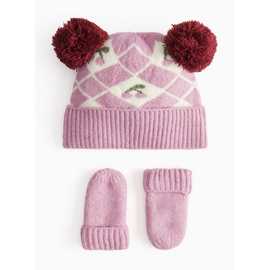 Cherry Double Pom Beanie & Mittens Set