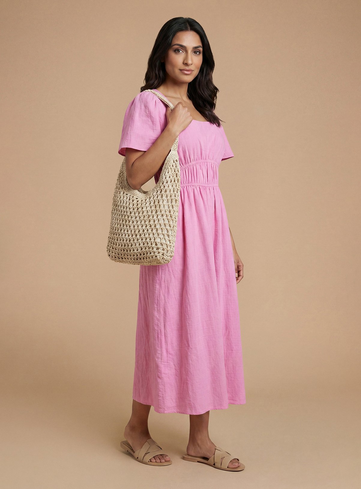 DOROTHY PERKINS Angel Sleeve Elasticated Waist Dobby Cotton Midi Dress 18