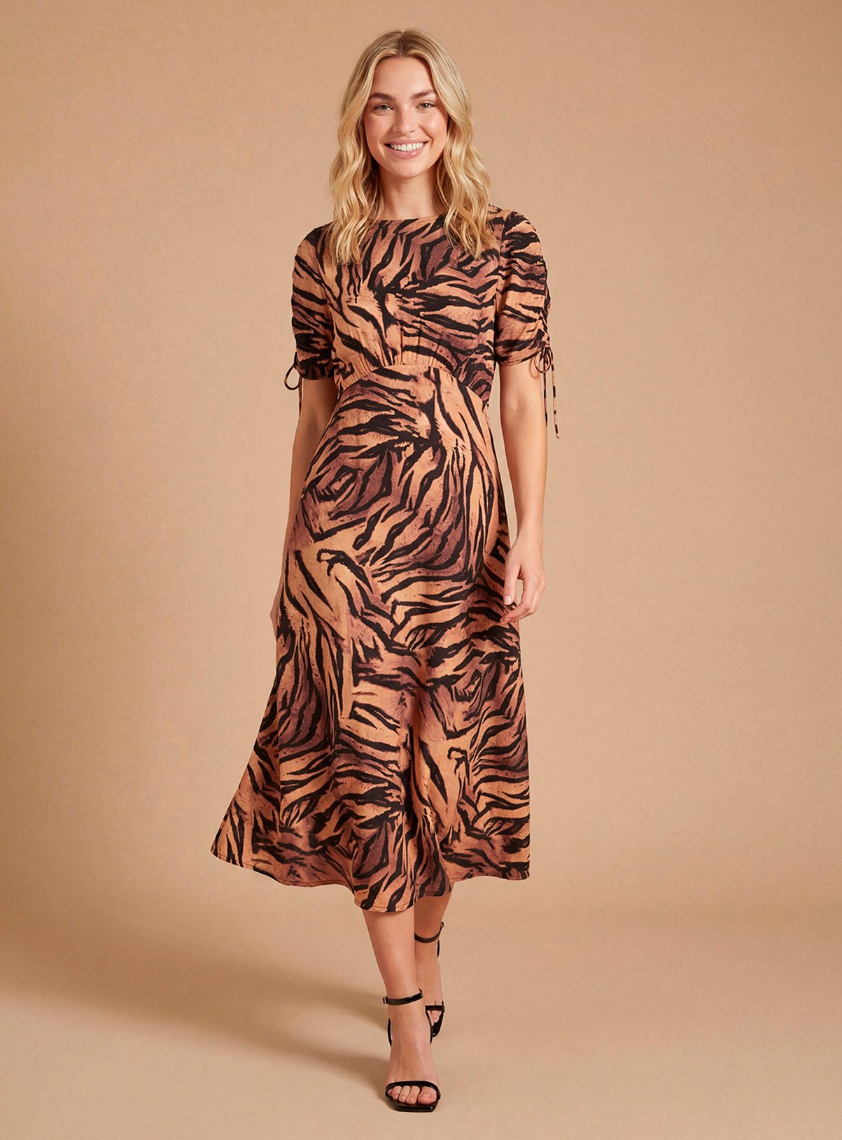 DOROTHY PERKINS Gathered Sleeve Empire Seam Animal Print Midi Dress 10