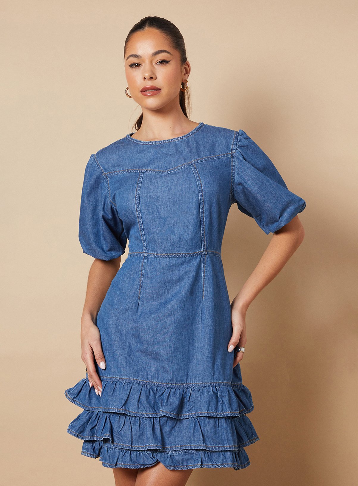 OASIS Short Puff Sleeve Detail Denim Mini Dress