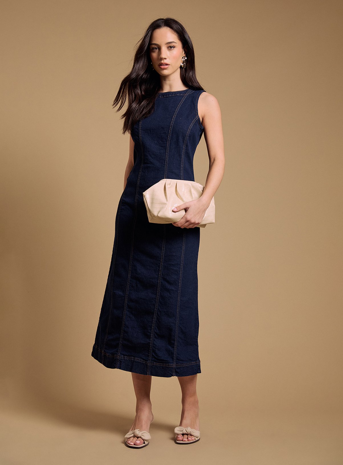 OASIS Sleeveless Denim Midi Dress with Seam Detail
