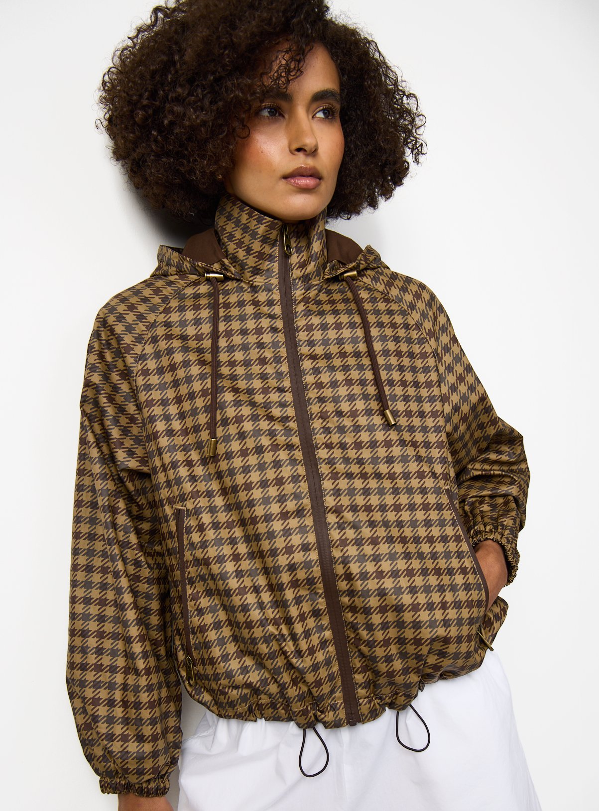 Brown Check Print Hooded Bomber Jacket 