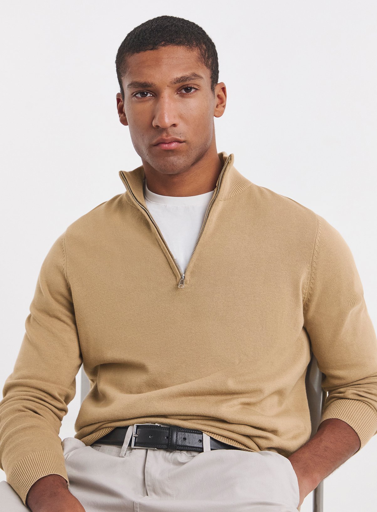 JACAMO Cotton 1/4 Zip Funnel Knit Top Stone 