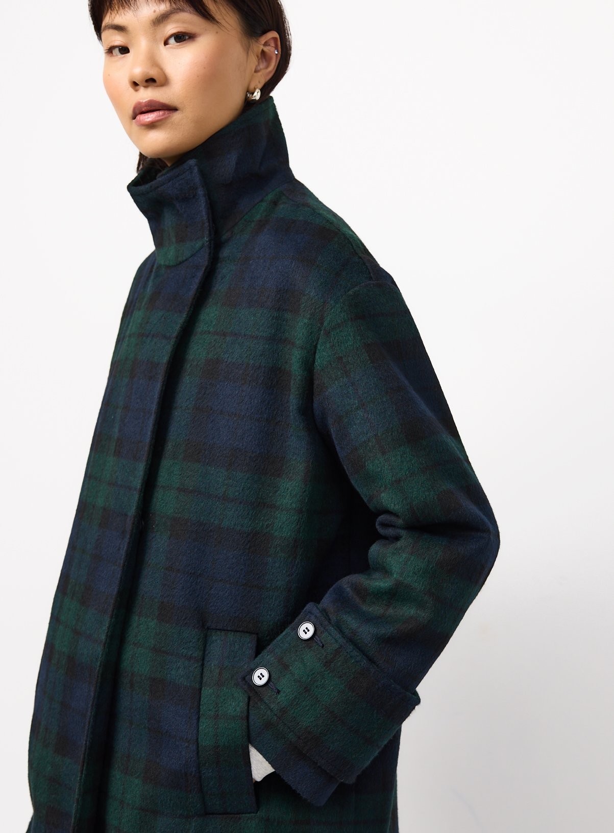 Navy Funnel Neck Check Coat 