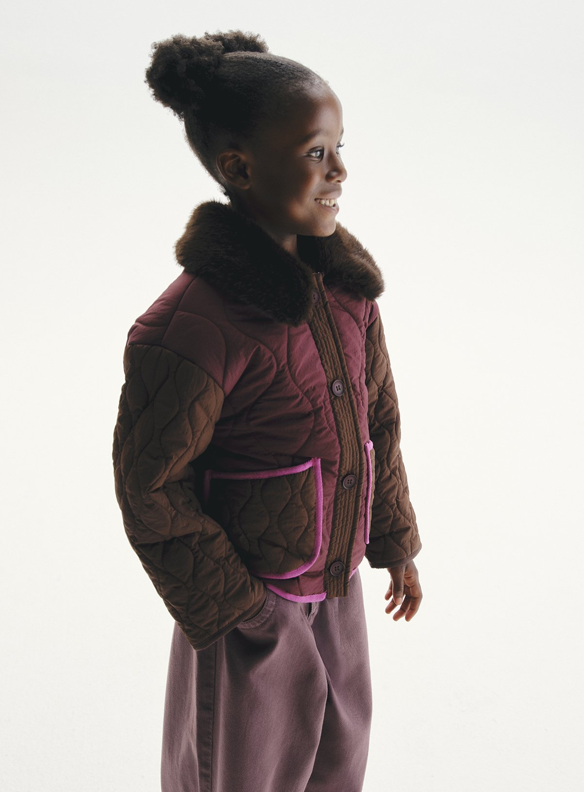 Brown Quilted Detachable Faux Fur Collar Jacket 