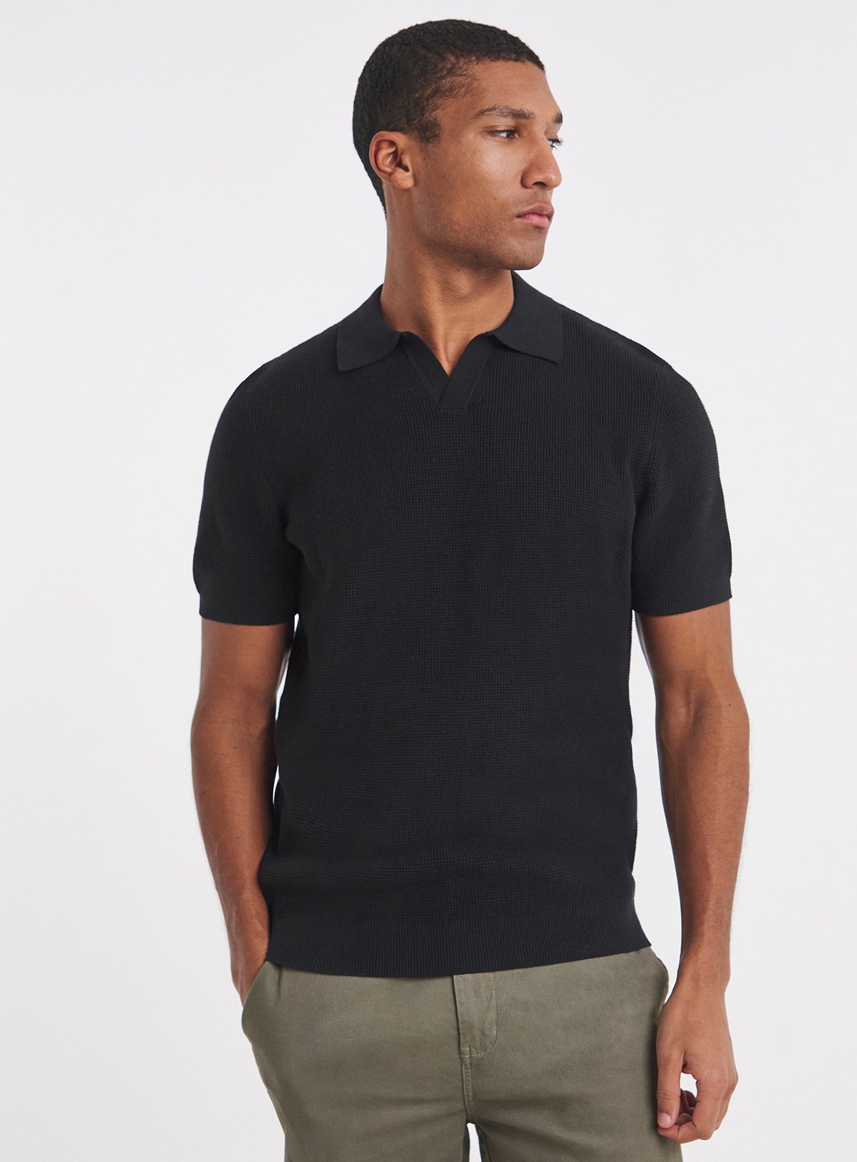 JACAMO Open Neck Knitted Textured Polo Black