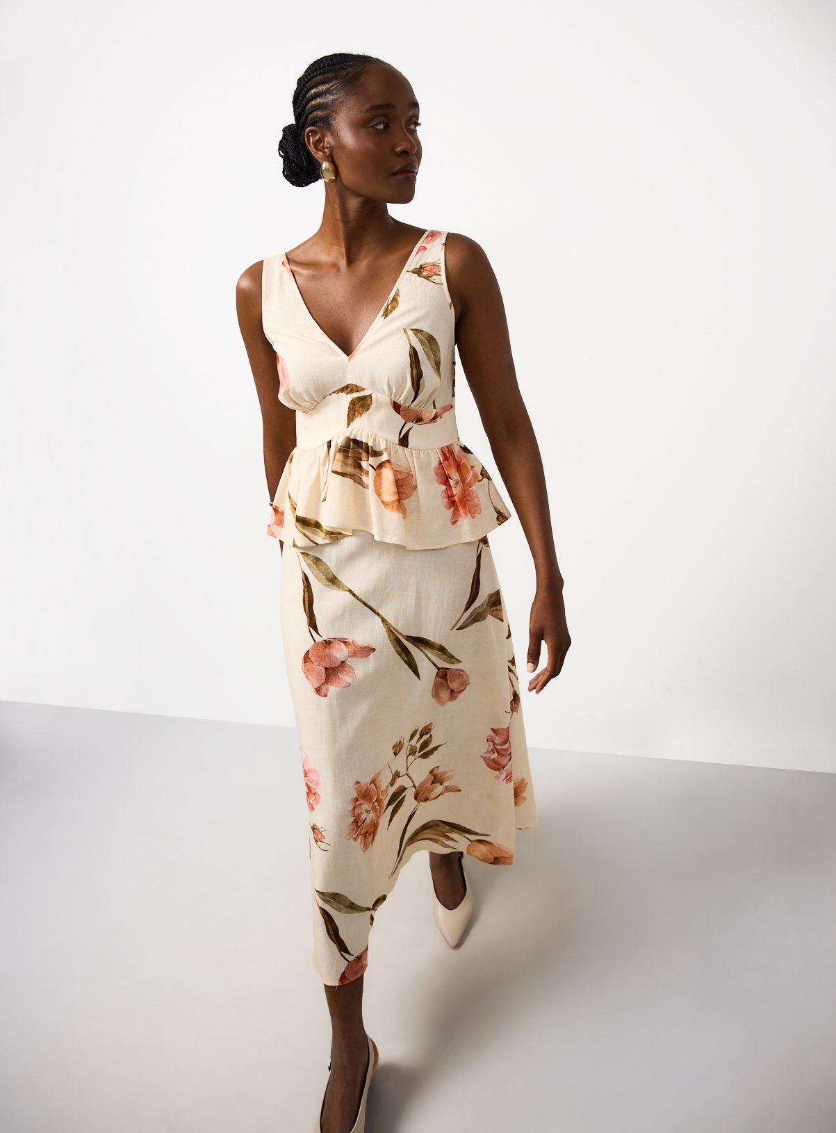 Cream Floral Print V Neck Midaxi Dress 18