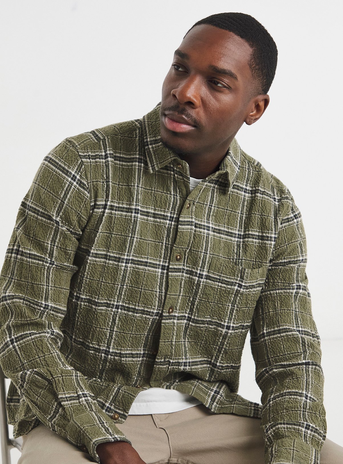 JACAMO Seersucker Check Long Sleeve Shirt Khaki L