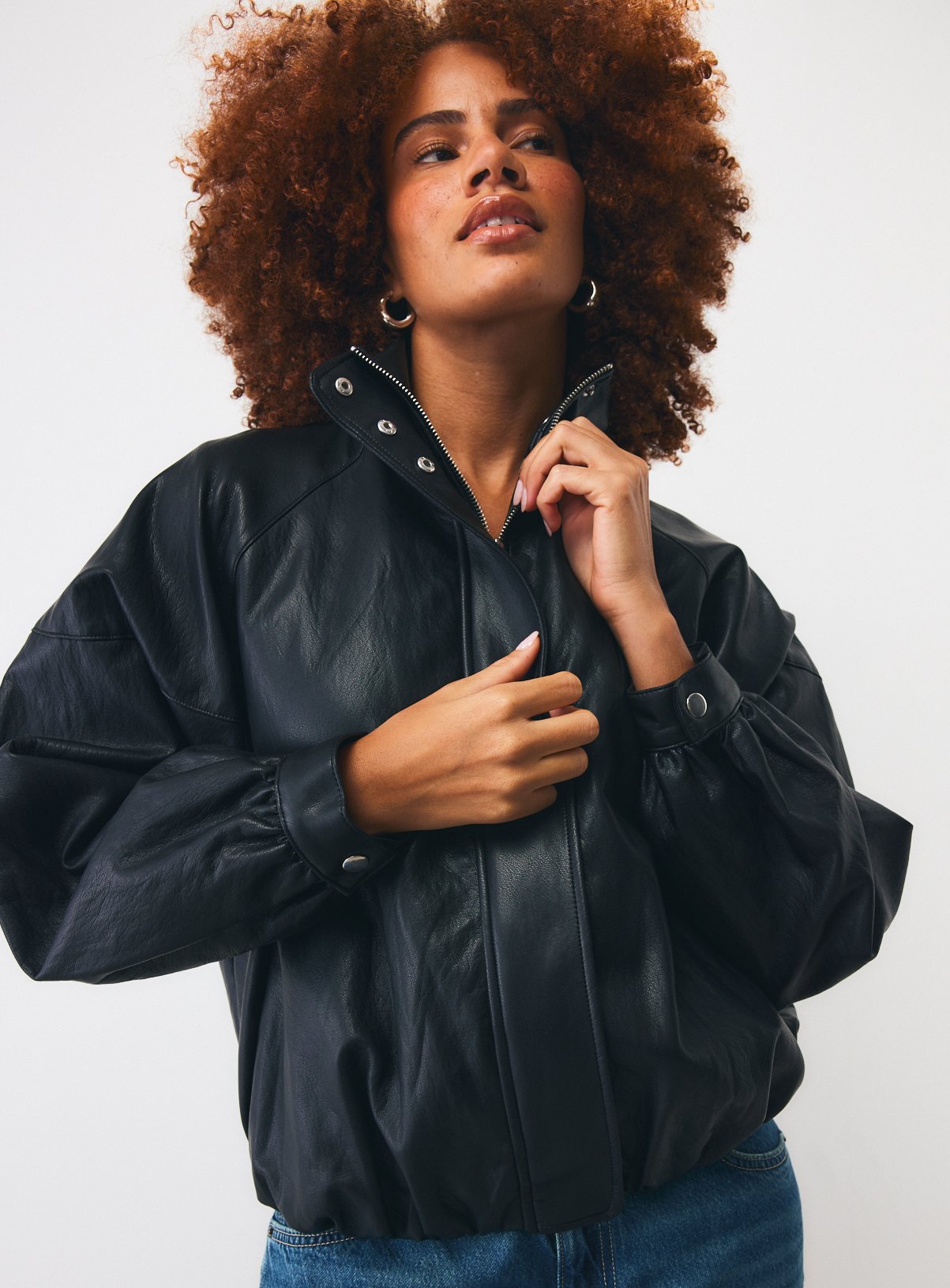PU Batwing Funnel Neck Bomber Jacket 