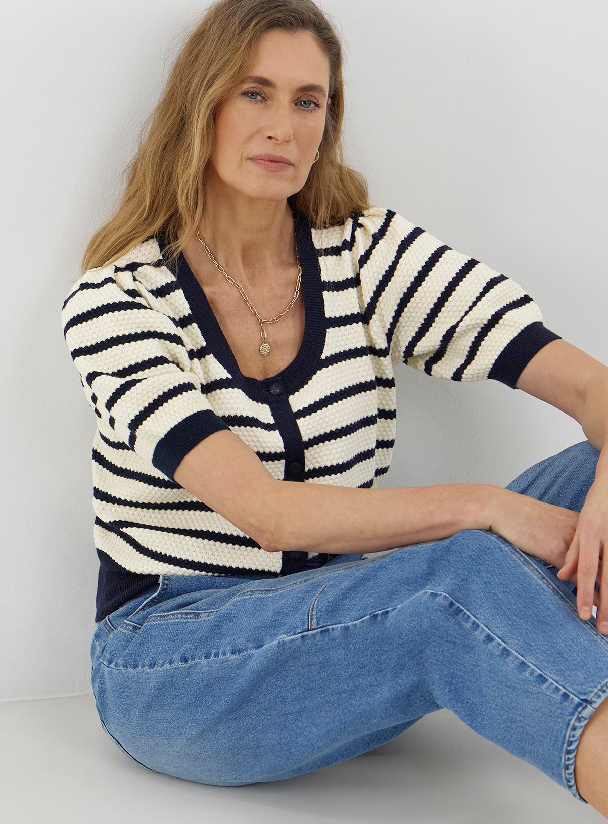 JD WILLIAMS Textured Stripe Short Sleeve Cardigan 