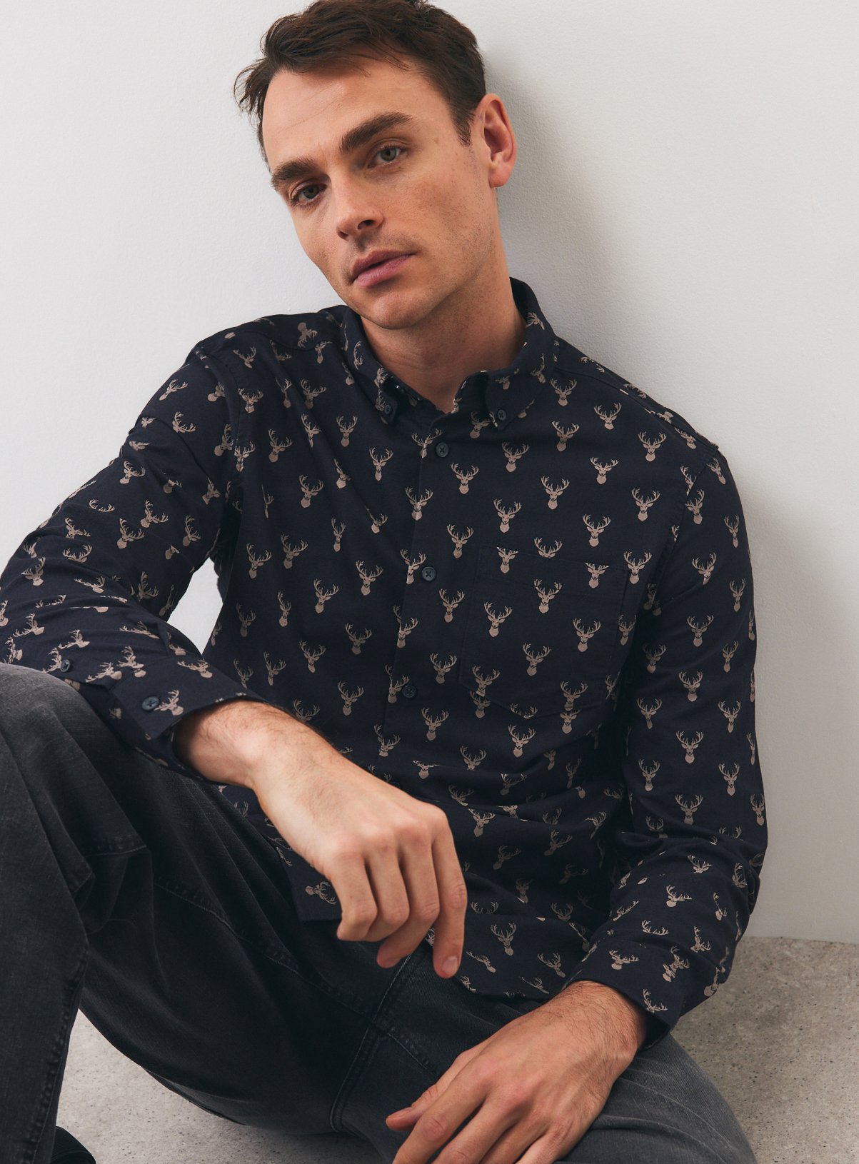 Navy Stag Printed Oxford Shirt XXXL
