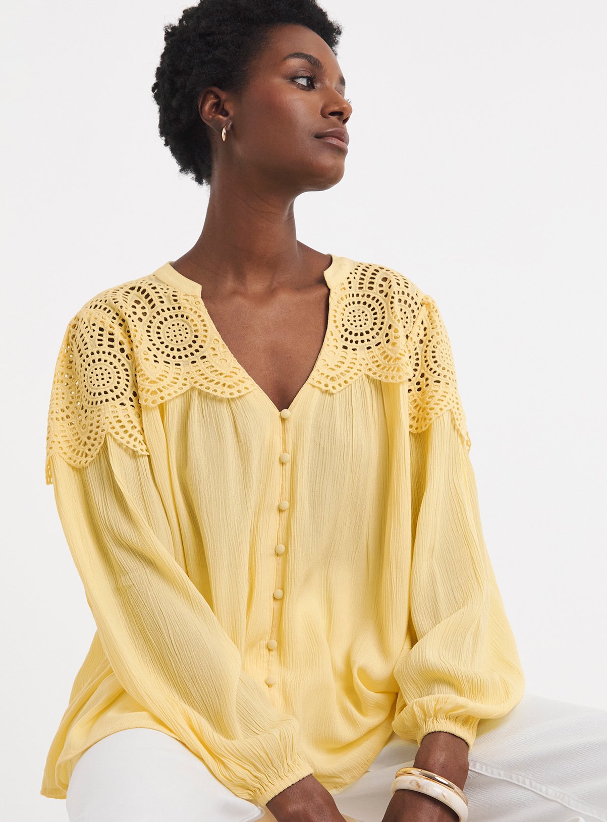 JD WILLIAMS Broderie Trim Long Sleeve Blouse 