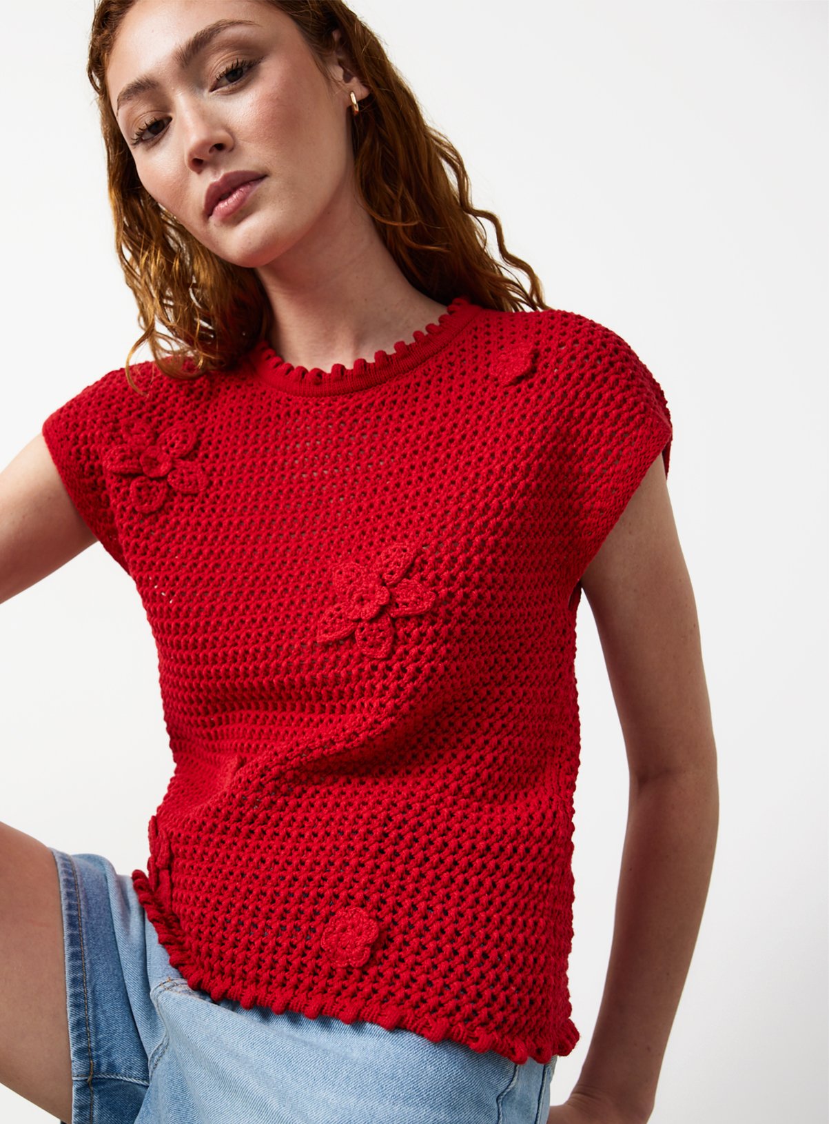 Red Flower Applique Detail Knitted Tank Top 