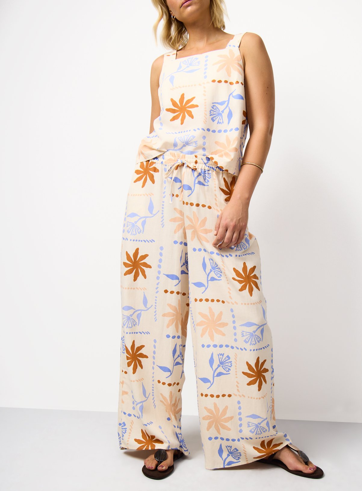 Cream Patchwork Holiday Print Wide Leg Trousers 