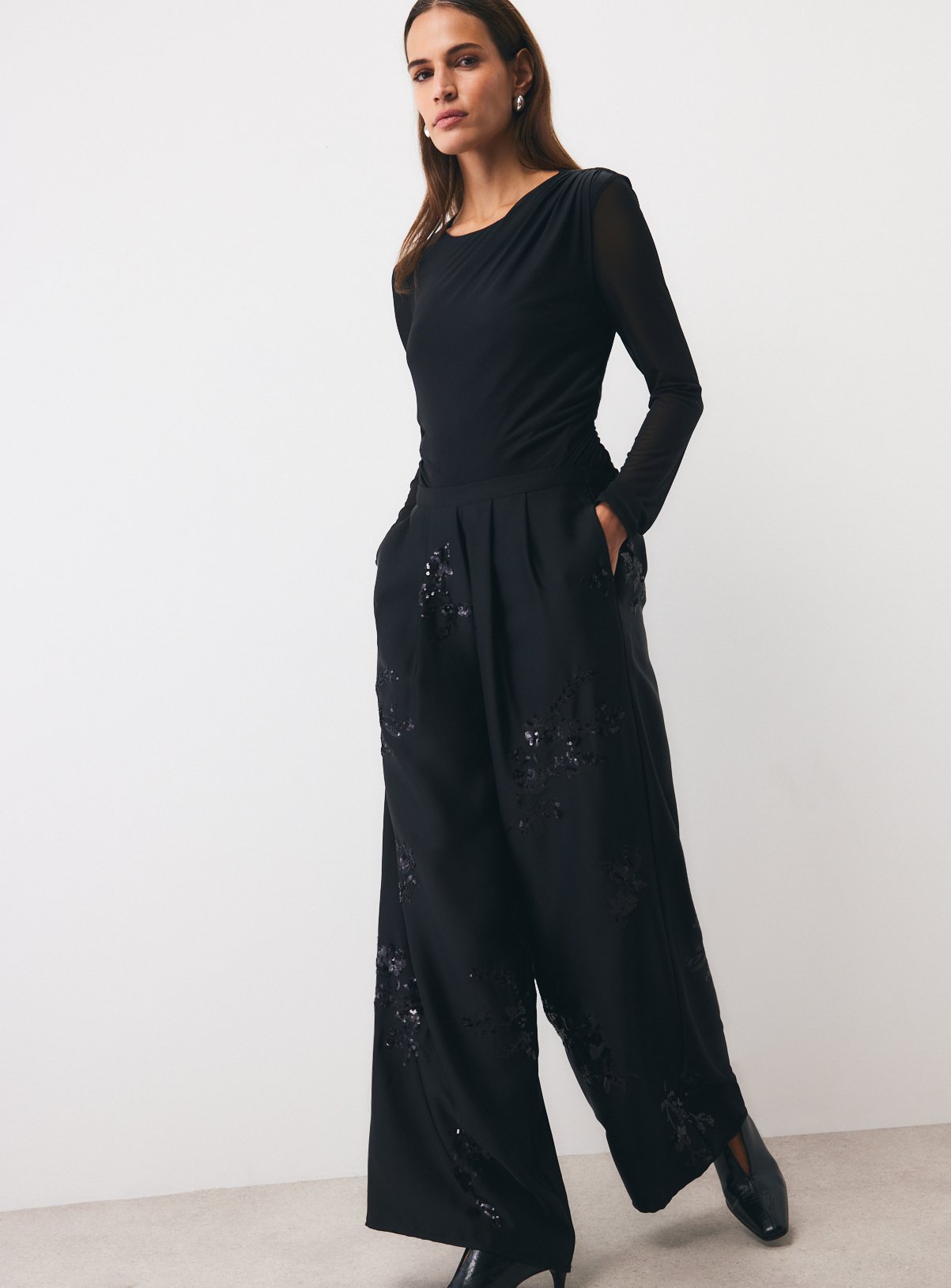 Satin Sequin Embroidered Wide Leg Pleated Trousers 
