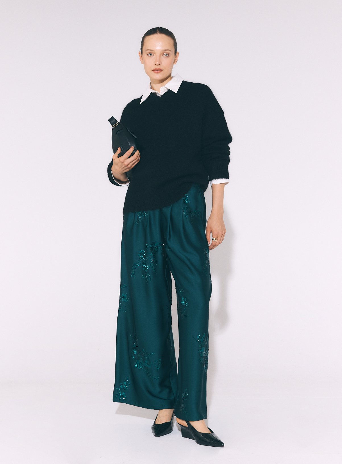 Satin Sequin Embroidered Wide Leg Pleated Trousers 