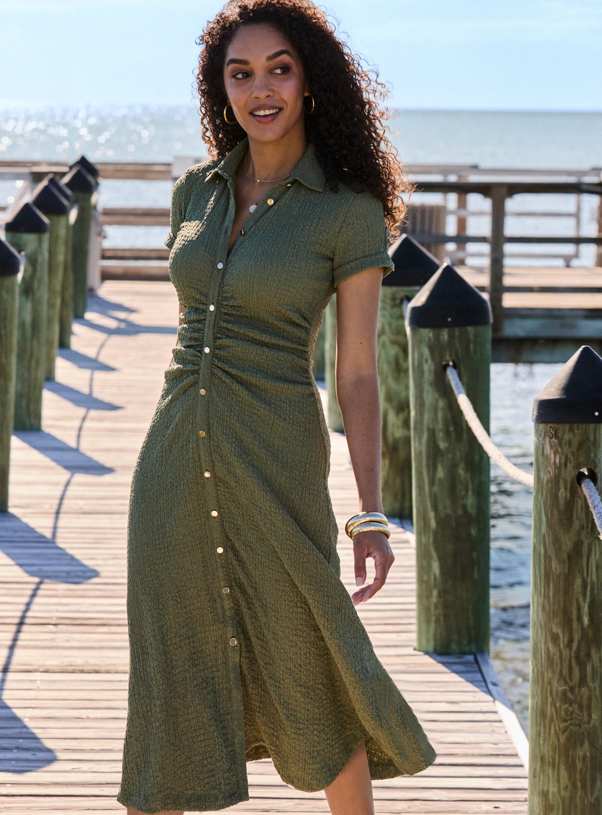 SOSANDAR Khaki Green Textured Collar Shirt Dress