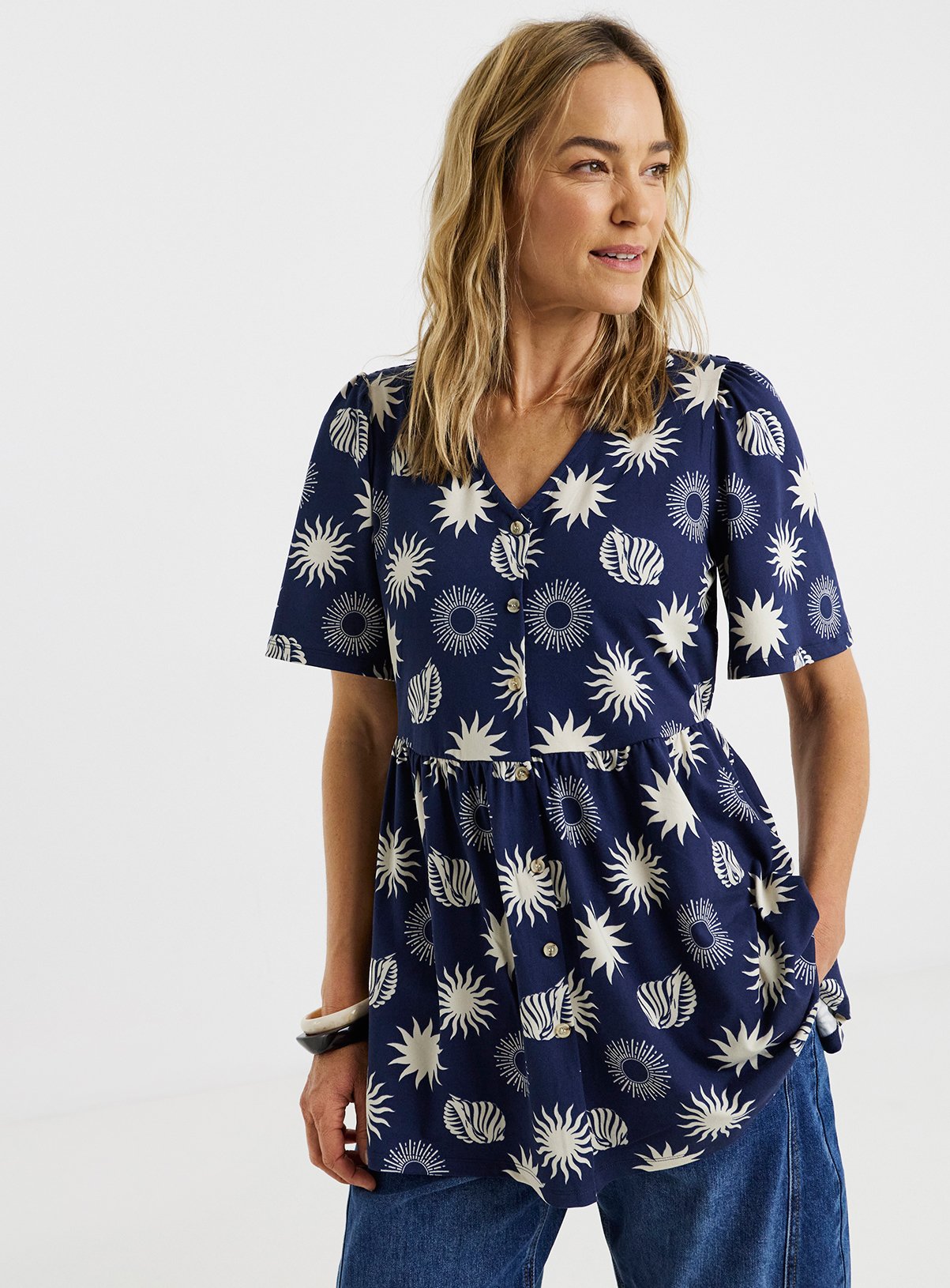 JD WILLIAMS Button Front Angel Sleeve Top Longline 