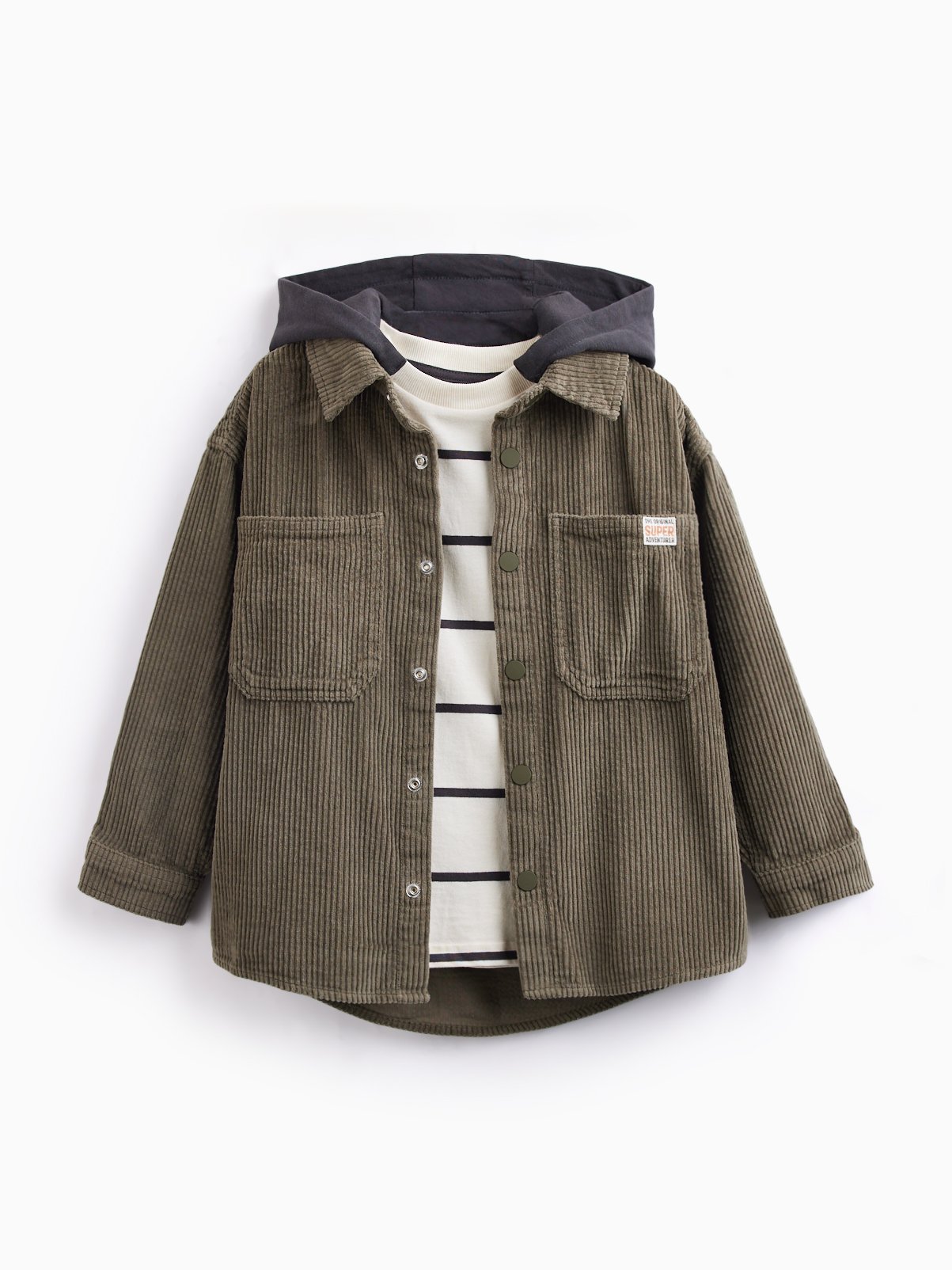Khaki Cord Hooded Jacket and Striped T-Shirt Set 