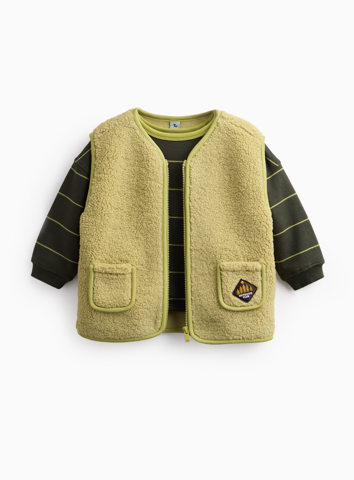 Outdoor Club Borg Gilet & Striped Crewneck Sweater Set 