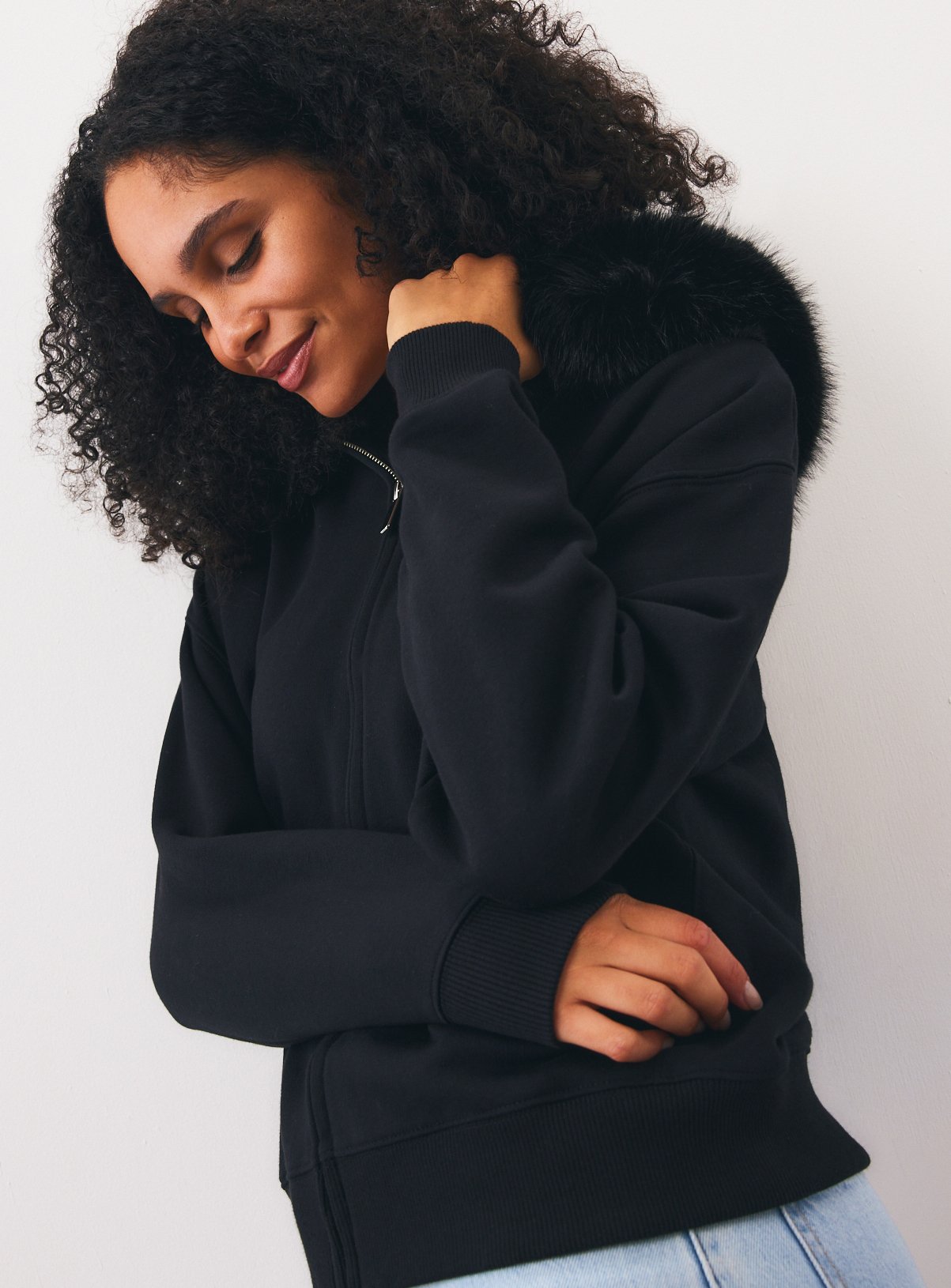 Black Faux Fur Hood Zip-Through Hoodie  