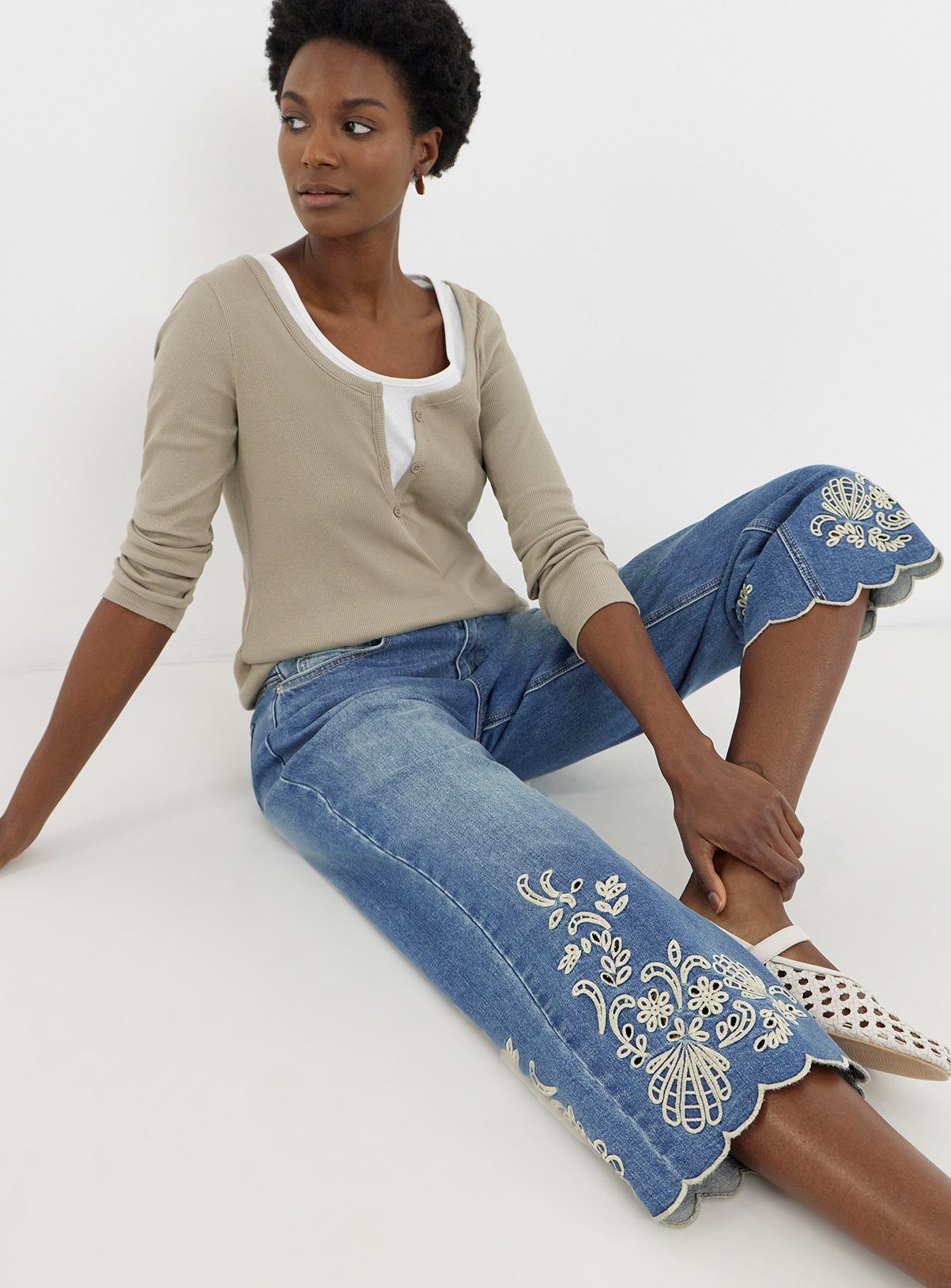 JD WILLIAMS Scallop Hem Broderie Crop Jean 