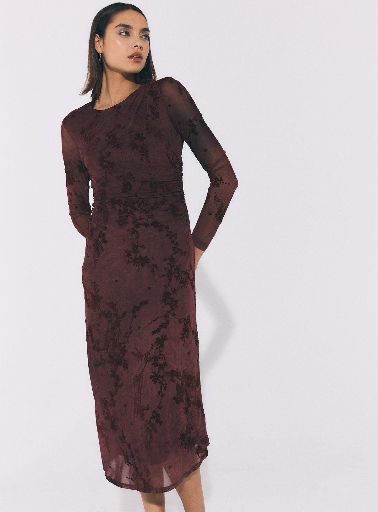 Dark Purple Jacquard Mesh Midi Dress 