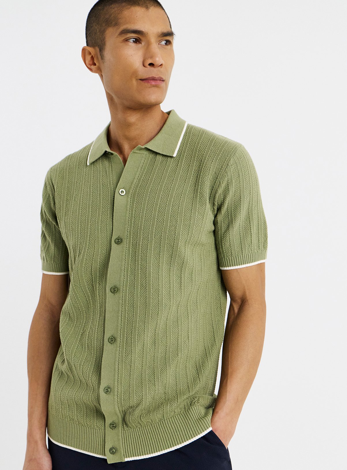 JACAMO Button Through Texture Knitted Polo 