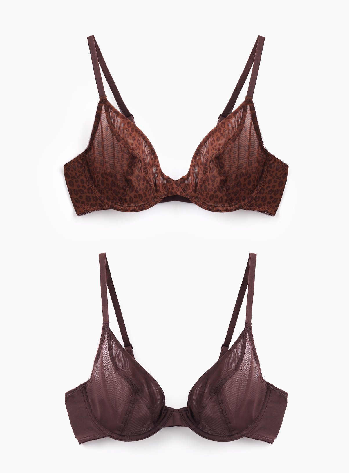 Dark Brown Leopard Mesh Plunge Bras 2 Pack  