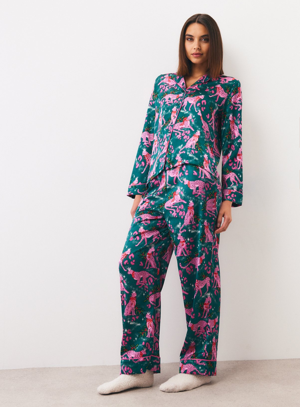Christmas Leaping Leopards Satin Traditional Pyjamas 