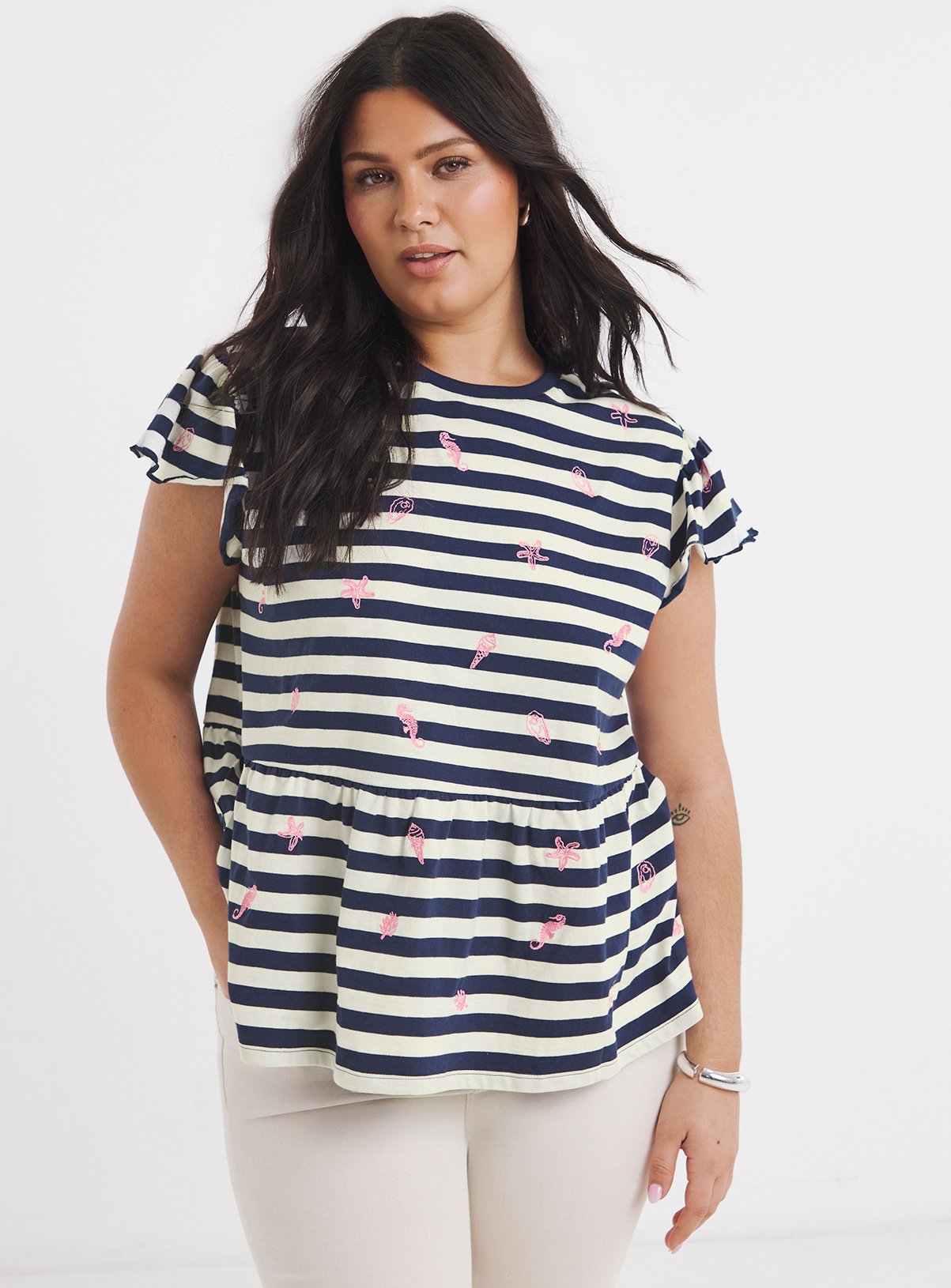SIMPLY BE Embroidered Seaside Stripe Peplum Top 