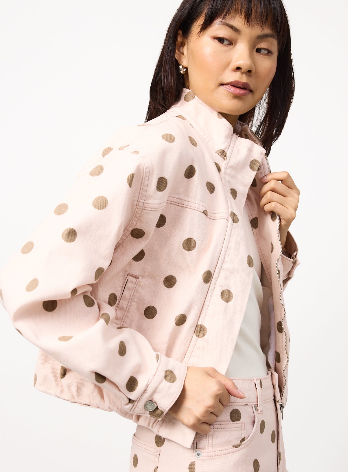 Pink Polka Dot Funnel Neck Bomber Jacket 22