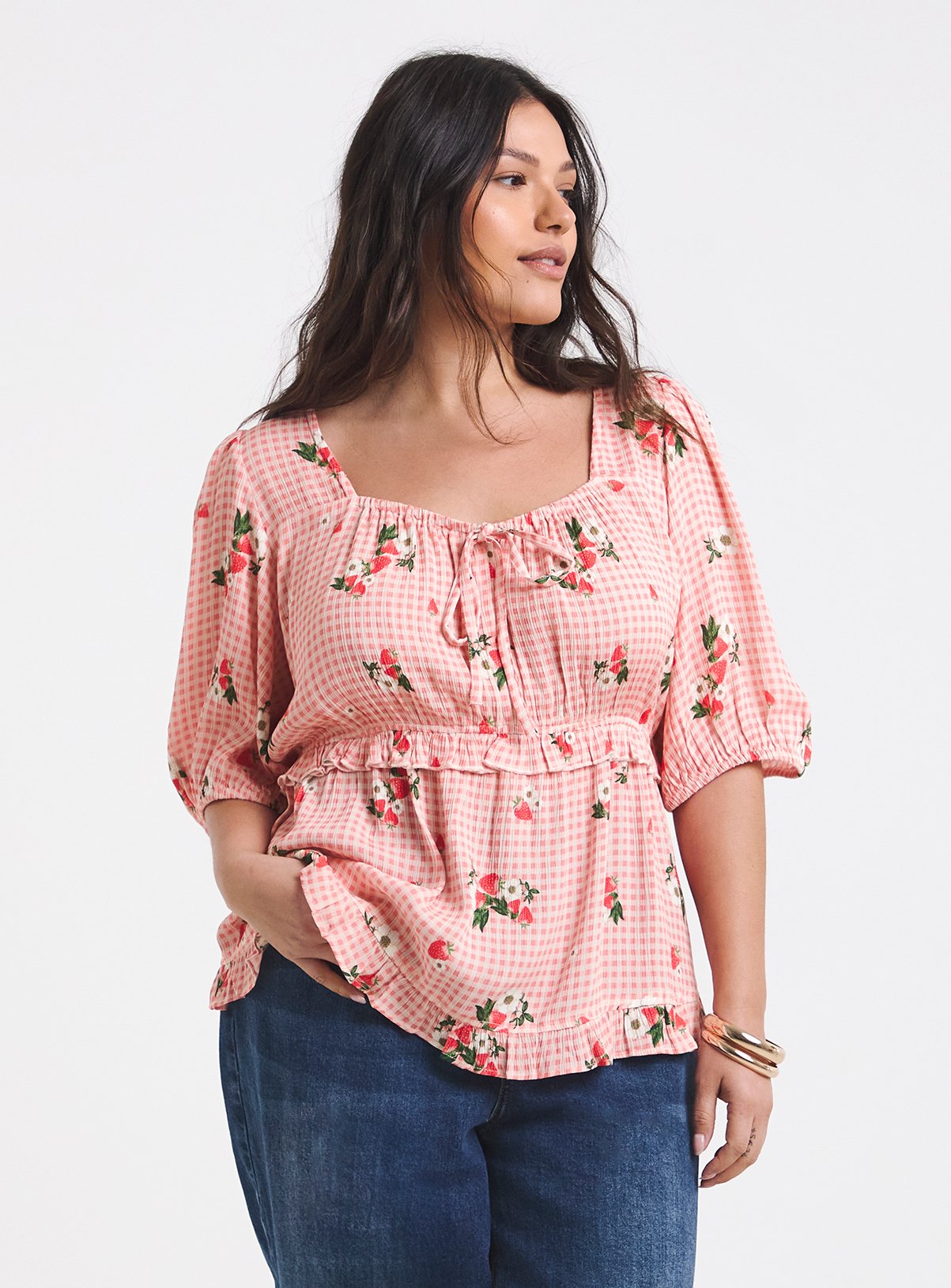 SIMPLY BE Pink Gingham Crinkle Milkmaid Blouse