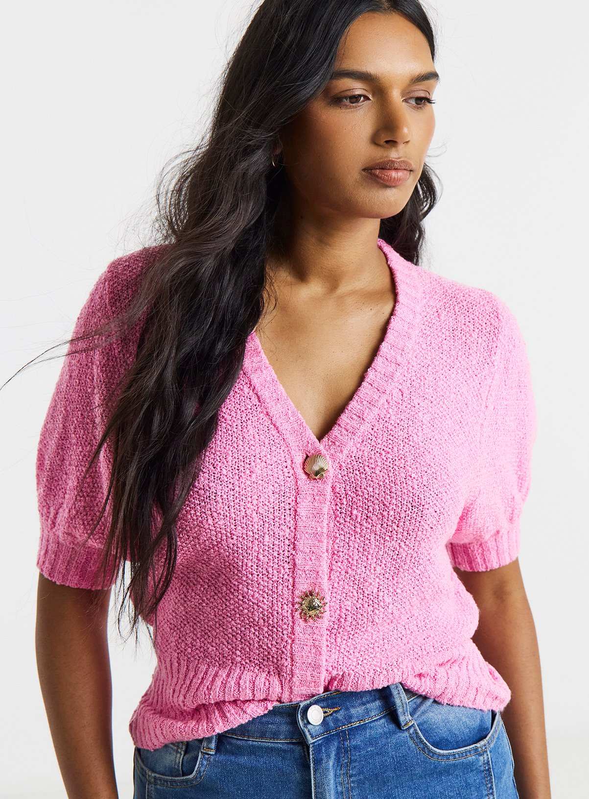 SIMPLY BE  Puff Short Sleeve Gold Button Cardigan Pink 