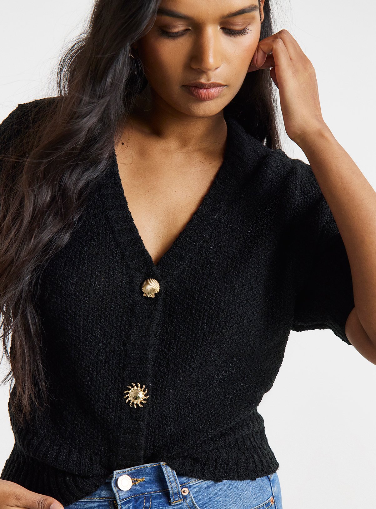 SIMPLY BE Puff Short Sleeve Gold Button Cardigan Black