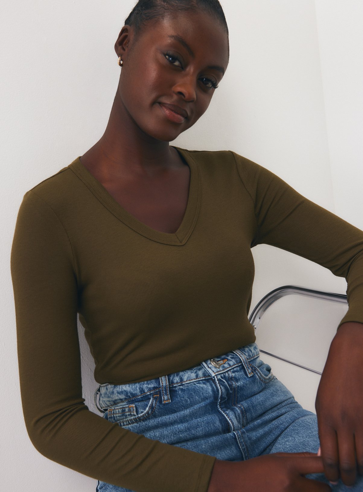 Deep V-Neck Ribbed Long Sleeve Top 