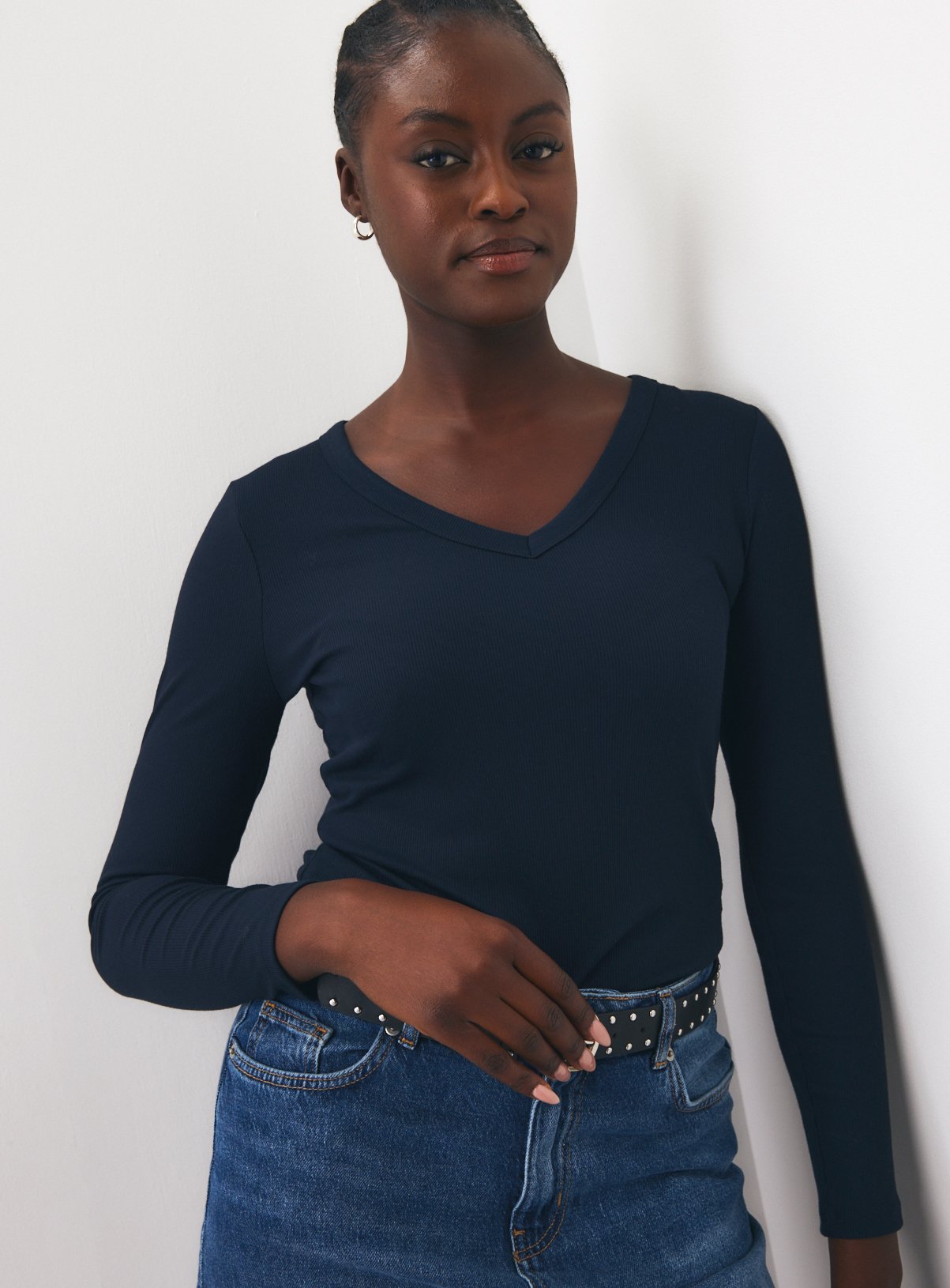 Deep V-Neck Ribbed Long Sleeve Top 