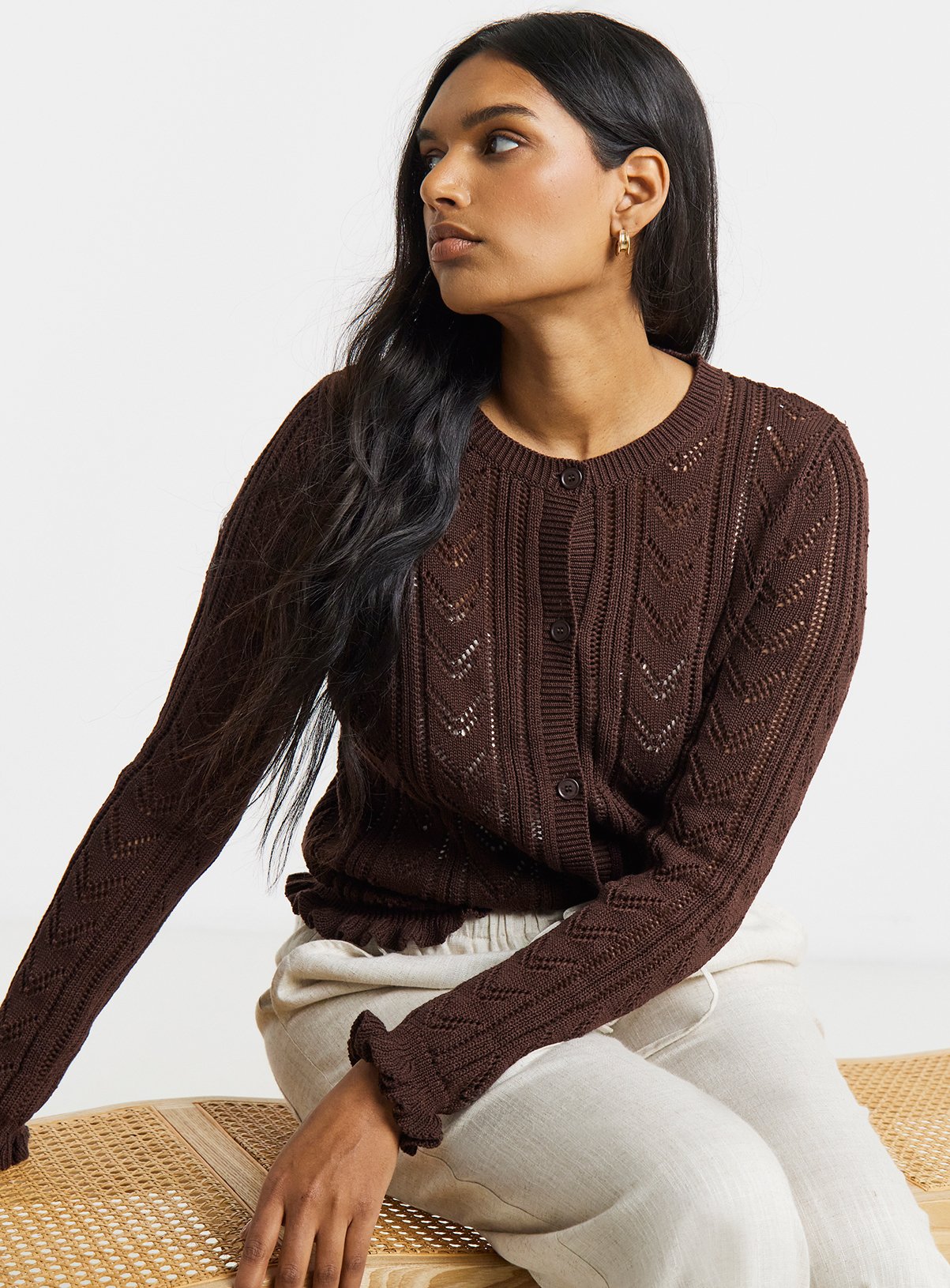SIMPLY BE Pointelle Crew Neck Frill Hem Cardigan