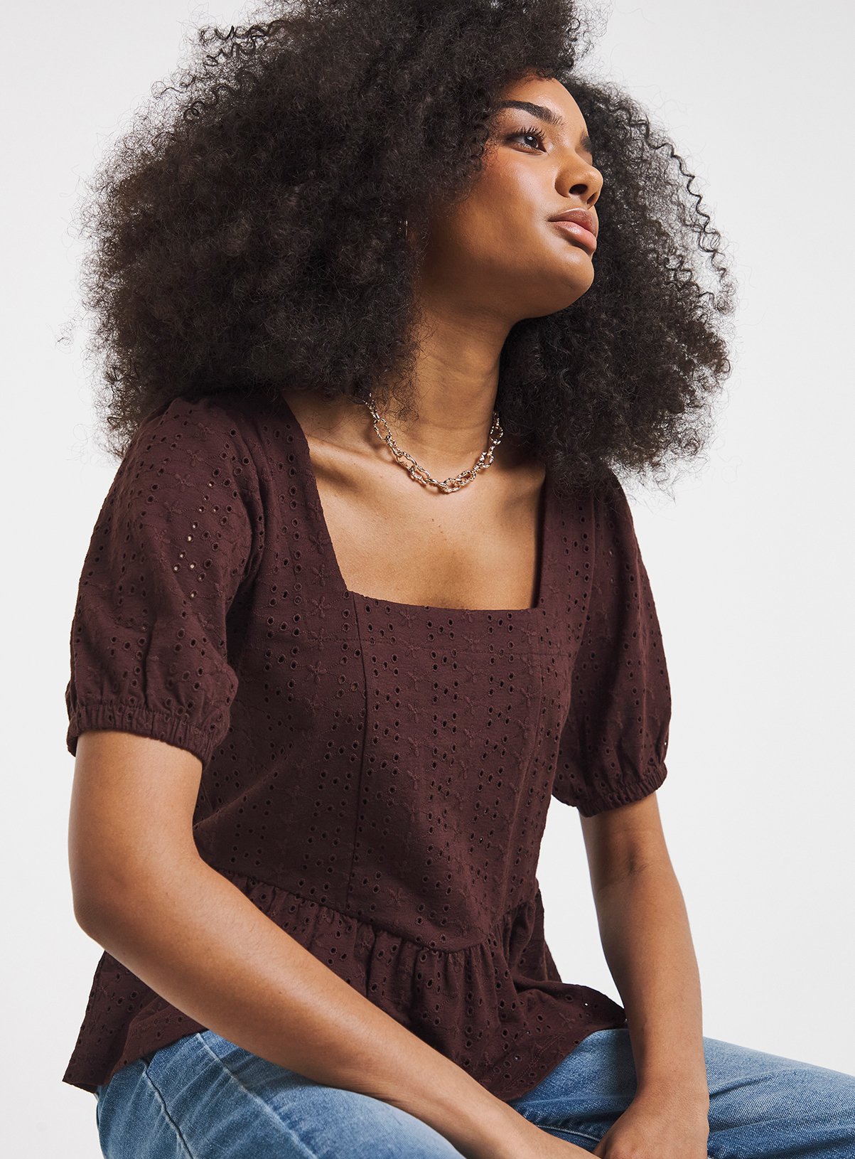 SIMPLY BE Stretch Broderie Square Neck Peplum Top