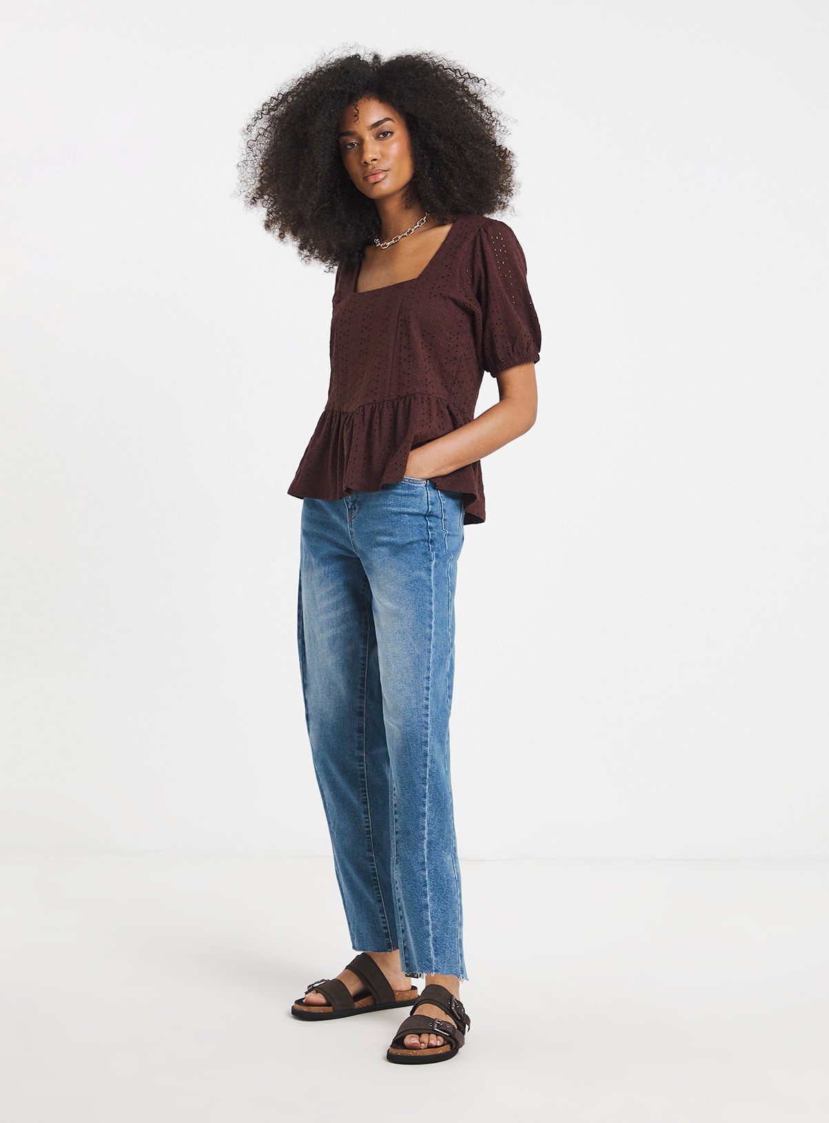 SIMPLY BE  Stretch Broderie Square Neck Peplum Top 